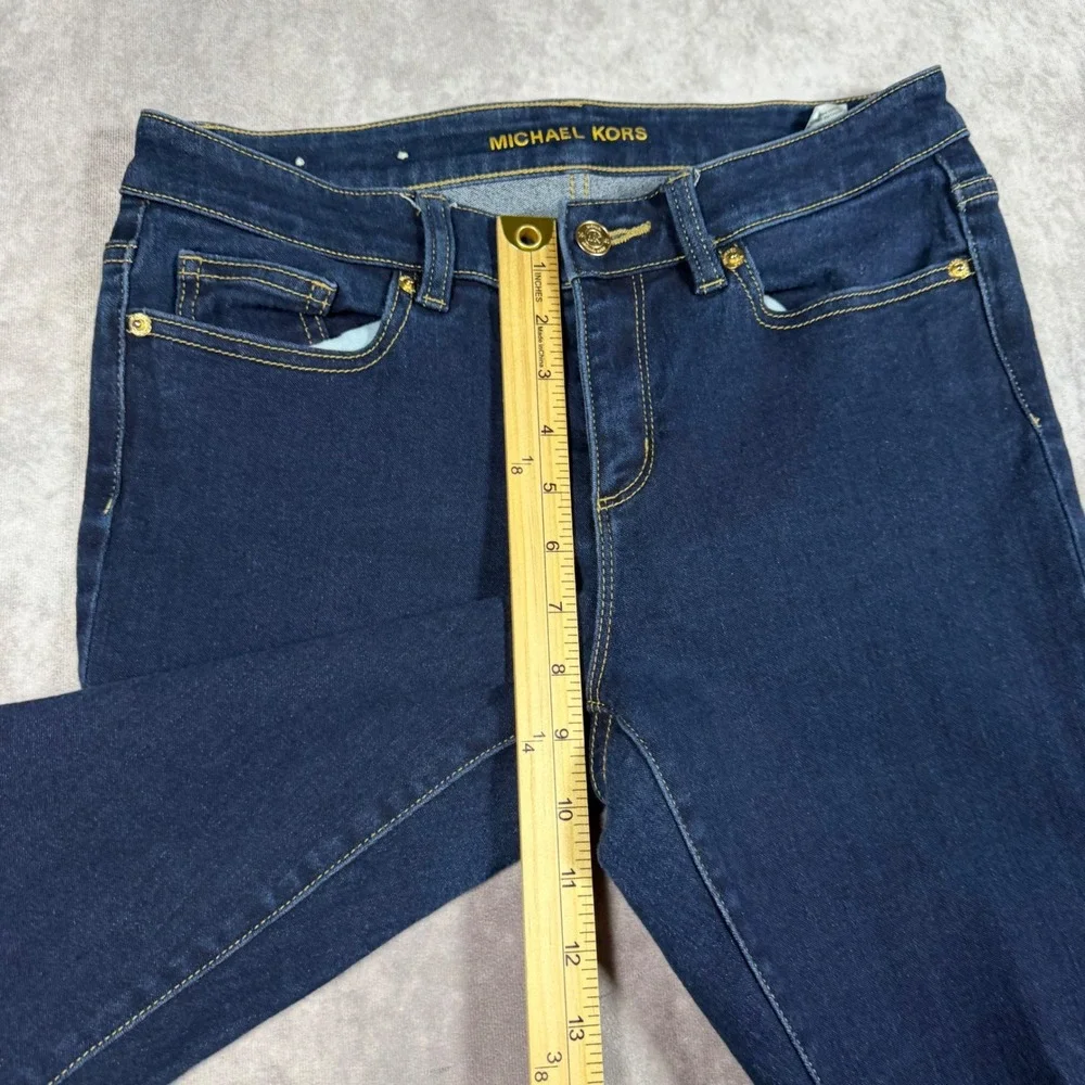Michael Kors Izzy Skinny Jeans Women 4 Dark Wash Gold MK Logo Denim Blue Stretch